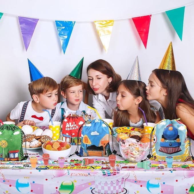 98 Pcs Train Party Favors,Train Print Party Supplies Include Stickers Stamps Keychains Slap Bracelets and Drawstring Bags Party Decorations for Kids TrainTheme Birthday supplies (A-Train)