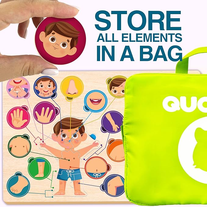 QUOKKA Wooden Puzzles for Kids Ages 18+ Months in a Bag – Montessori Toddlers Puzzles Ages 1-2 – Preschool Game to Learn Human Body Parts Anatomy Skeleton – Educational Toys for Boy & Girl