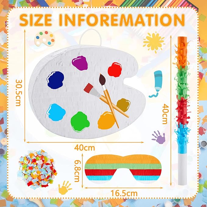 15.7 Inch Art Palette Piñata Small Paint Art Piñata with Piñata Stick Confetti Blindfold for Boys Girls Birthday Party Art Painting Party Favors Classroom Prizes Stocking Stuffers Paint Party Supplies