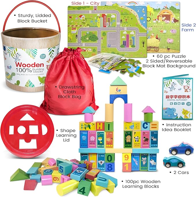 Wooden Blocks Set for Toddlers, Preschoolers, Educational Building Toys, Multicolor, with Storage Bucket and Bag., Medium, WB002