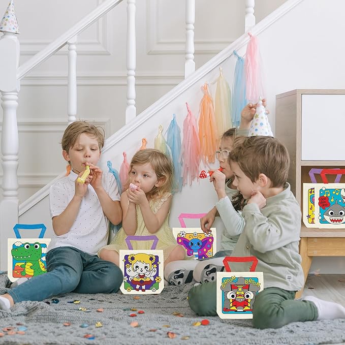8 Pieces Kids Coloring Goodie Bags, Reusable Canvas Bag, Cute Art Party Favors, Color Your Own Bags for DIY Painting Birthday Carnival Celebration, Party Supplies Gift, Boys