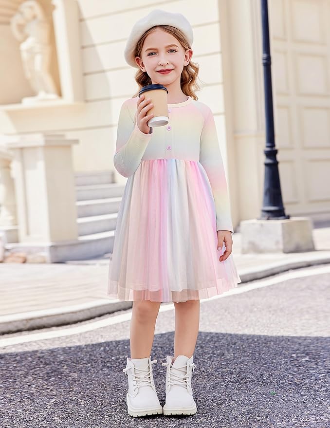 Arshiner Toddler Girls Tutu Dress Long Sleeve Fall Winter Button Front Party Tulle Dresses 2-8Y