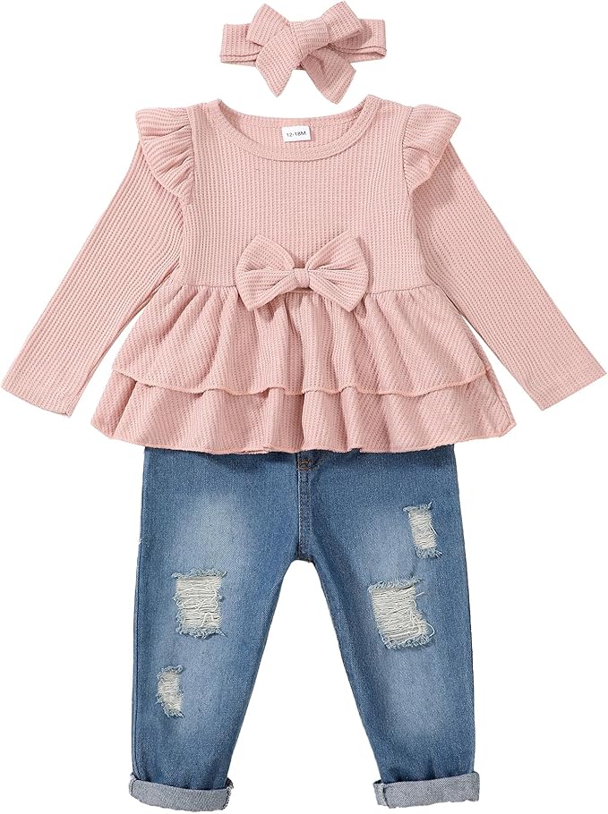 Mioglrie Toddler Baby Girl Clothes 2T 3T 4T 12 18 24 Months Toddler Fall Winter Girls Outfit Jeans Pants Clothing Set