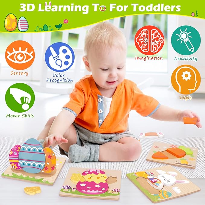 Easter Toys Gifts for Kids Toddlers - 4 Pack Wooden Puzzles with Rabbits, Carrots, Chicks, Eggs Design, Easter Party Favors for Boys Girls, Kids Classroom Exchange Gifts - Educational Preschool Toys