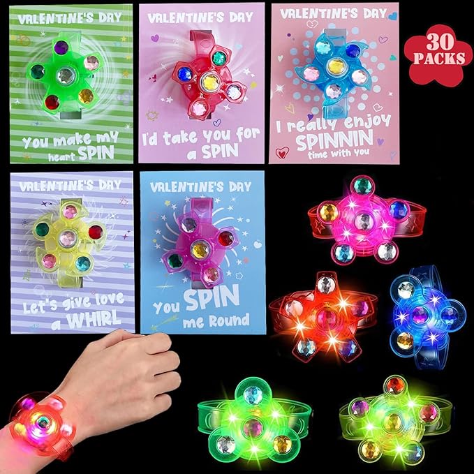 30Pack Valentines Day Gifts for Kids with Valentines Cards LED Light Up Fidget Spinner Bracelets Favors for Kids 4-8 8-12, Glow in The Dark Party Supplies,Birthday Gifts,Pinata Goodie Bags Stuffers