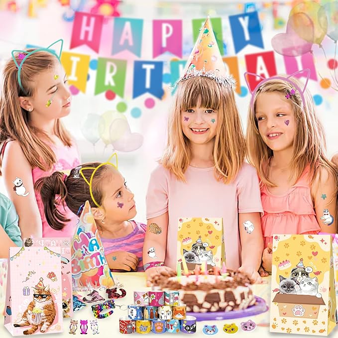158Pcs Cat Party Favors Set with Cat Headband Keychains Tattoo Stickers Erasers Slap Bracelets Hairpin Goodie Bags Cat Party Supplies Cat Birthday Decorations Girl Party Favors