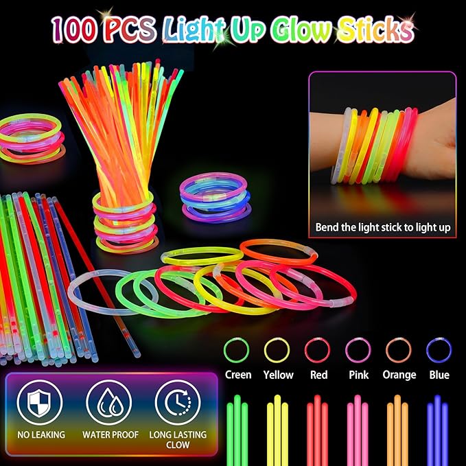 156 PCS Glow in the Dark Party Supplies, 12 Light Up Pop Tubes, 12 LED Glasses, 12 Light Up Headband, 20 Finger Lights and 100 Glow Sticks, Neon Party Favors for Glow Party, Birthday
