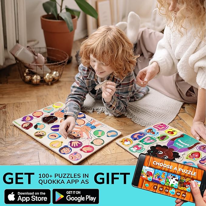 QUOKKA Wooden Puzzles for Kids Ages 18+ Months in a Bag – Montessori Toddlers Puzzles Ages 1-2 – Preschool Game to Learn Human Body Parts Anatomy Skeleton – Educational Toys for Boy & Girl
