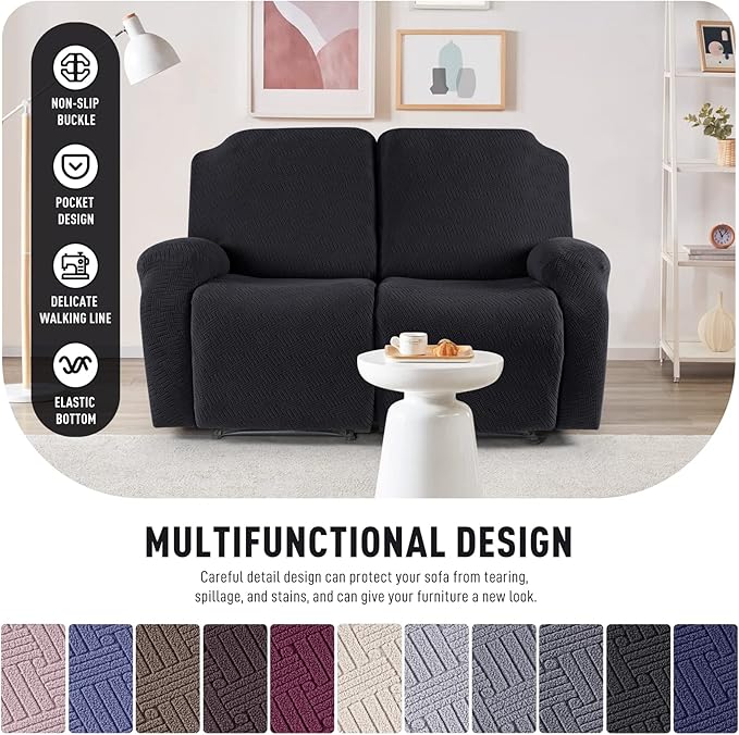 KinCam Recliner Covers, Stretch Reclining Chair Covers, Recliner Sofa Slipcovers Stripe Jacquard Recliner Couch Covers Furniture Protector Covers for Pet Kid (2 Seater, Black)
