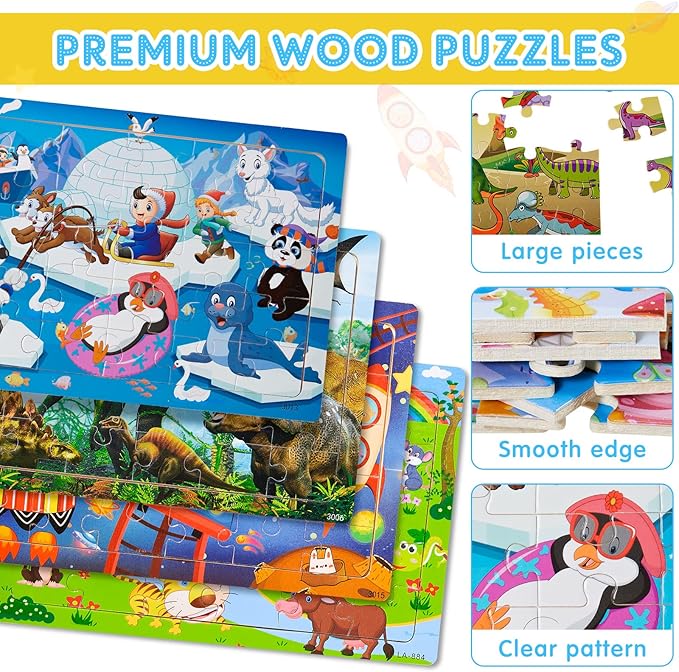 18 Pack 30 Pieces Puzzles for Kids Ages 3-8 Wooden Toddler Puzzles Ages 3-5 Educational Learning Toys Set for Kids Boys and Girls