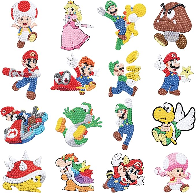 16 Pcs Diamond Art Stickers Kits for Kids, DIY Cartoon Paint by Numbers Diamonds Mosaic Stickers for Kids Arts Diamond Craft Stickers for Kids and Adult Beginners