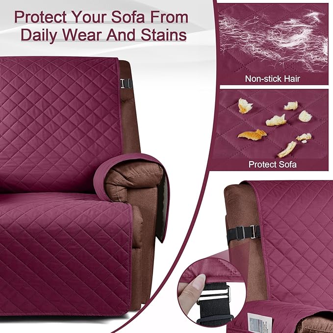 KinCam 100% Waterproof Recliner Chair Cover, Reclining Couch Covers for Pets, Dogs, Recliner Couch Slipcover Furniture Protector with Elastic Straps for Kids(30", Burgundy)