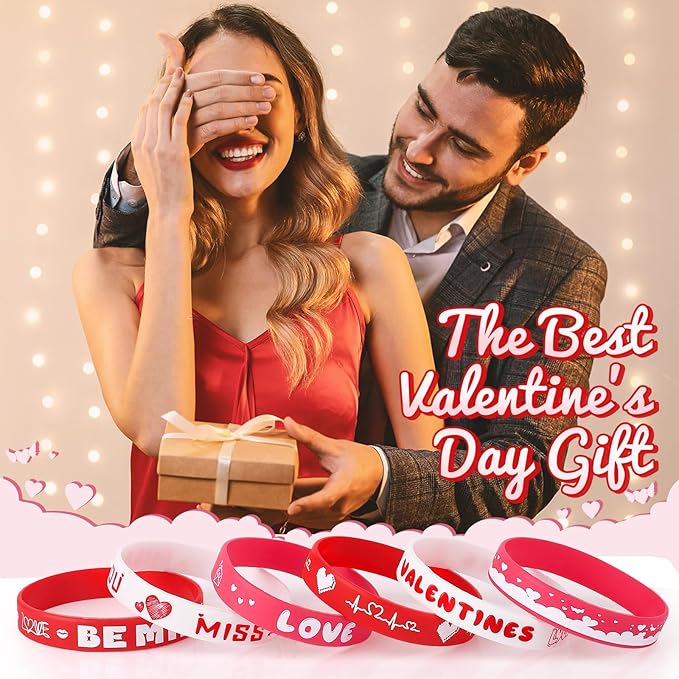 48pcs Valentine's Day Silicone Wristband Happy Valentine's Day Party Favors Pink Red Love Heart Rubber Bracelets Adults Valentine's Day gifts for Kids Classroom Festival Prizes, 6 Designs