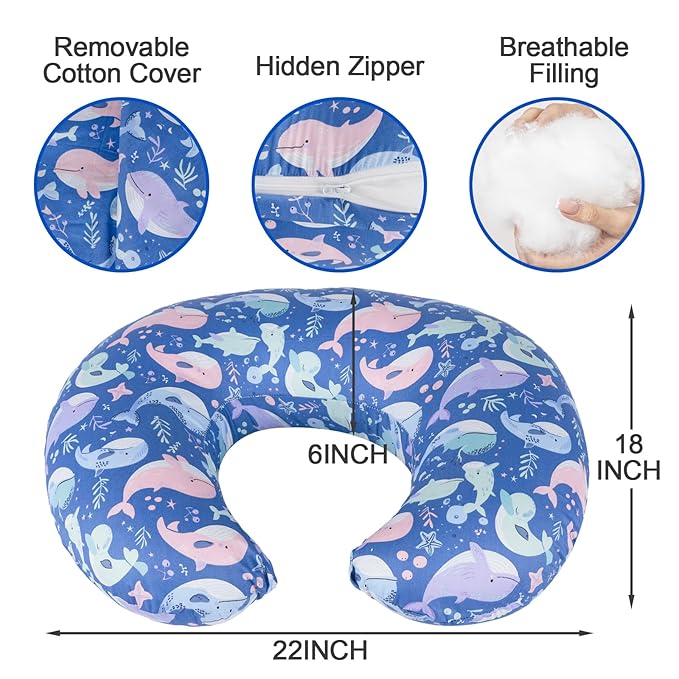 Nursing Pillow, Breastfeeding Pillows with Standard Size Removable Cover, Breast Feeding Pillow with Breathable Filling, Ergonomic Nursing Essentials for Bottle and Breastfeeding- Whale