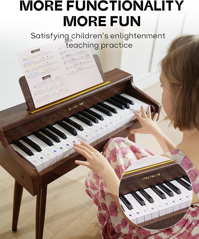 Starfavor Kids Keyboard, 37 Keys Digital Piano with Volume Control, Rechargeable Music Educational Instrument Toy, Wood Piano for 3+ Girls, Boys, Beginner, Toddler