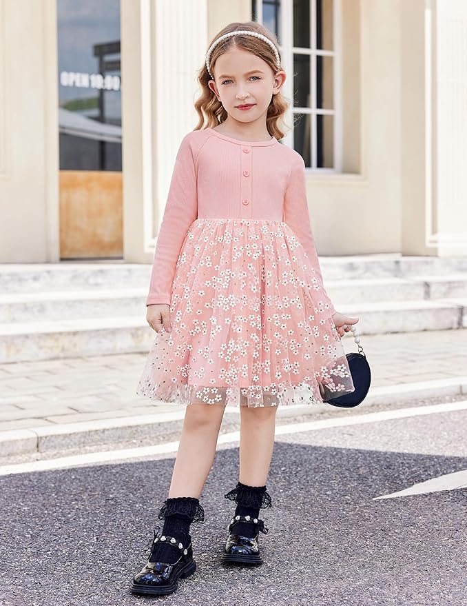 Arshiner Toddler Girls Tutu Dress Long Sleeve Fall Winter Button Front Party Tulle Dresses 2-8Y