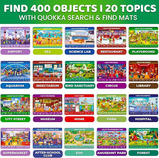 QUOKKA Busy Book Handwriting Practice for Kids - Search & Find - Activity Cards for Kids 3-8 – Reusable Mats with Dry-Erase Marker, Explore 20 Topics, Road Trip Activities, and Travel Games