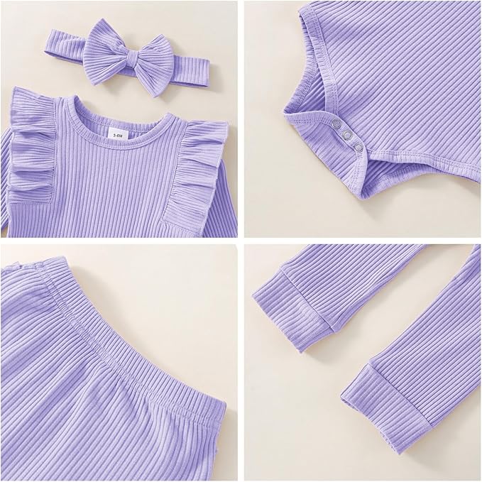 Baby Girl Clothes Newborn Infant Fall Winter Outifts Ribbed Ruffle Long Sleeve Romper Pant Outfit Set 3pcs 0-18Months