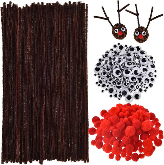 150 Pieces Brown Pipe Cleaners Chenille Stems, 150 Red Pom Poms Assorted Size Craft Pompoms and 300 Wiggle Googly Eyes with Self-Adhesive Back for Christmas Reindeer Crafts DIY Making