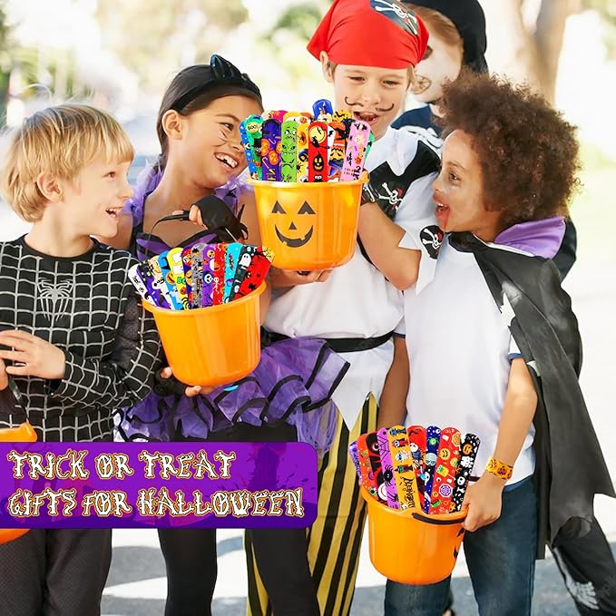 144 PCS Halloween Slap Bracelets Halloween Party Favors Supplies for Kids-108 Different Designs Bracelets Bulk for Halloween Decorations Halloween Treat Toys Bag Stuffers Gift for Kids Girls Boys