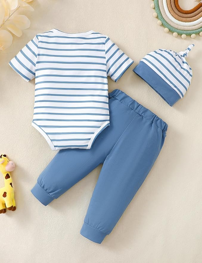 SUNNY PIGGY Baby Boy Clothes Newborn Infant Boys Outfits Romper Hat Pants 3PC Set 0-3 3-6 6-12 12-18 Month Clothing Gift