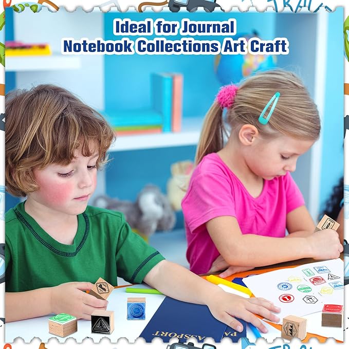 Passport Stampers Set 20 Pack Blank Travel Fake Passport Notebook and 10 Pcs Wooden Passport Stamps for Kid Pretend Passport Party Favors Collections Art Craft and Classroom School Projects