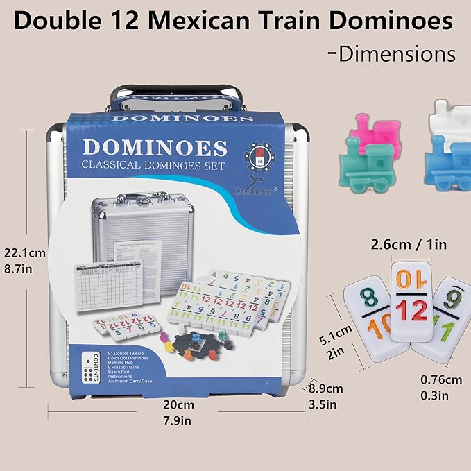 Doublefan Mexican Train Dominoes with Color Numbers,Double 12 Numerical Domino Game, Chicken Foot Dominoes Set with Aluminum Case, 91 Tiles Domino(2-10 Player