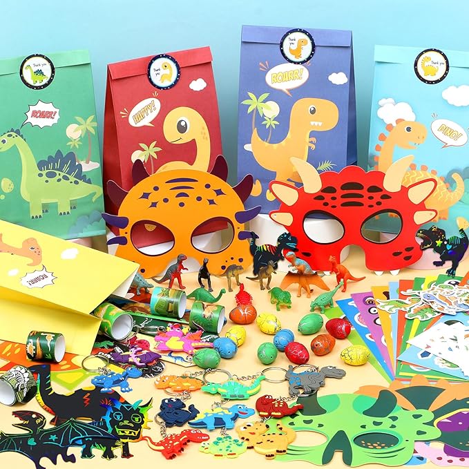 166 Dinosaur Party Favors Dino Birthday Supplies Mask Egg Figure Scracth Bookmark Slap Bracelet Keychain Sticker Tattoo Toy Gift Kid Boy Girl Goodie Bag Stuffer Dinosaur Themed Party Supplies
