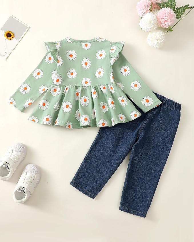 Mioglrie Toddler Baby Girl Clothes 2T 3T 4T 12 18 24 Months Toddler Fall Winter Girls Outfit Jeans Pants Clothing Set