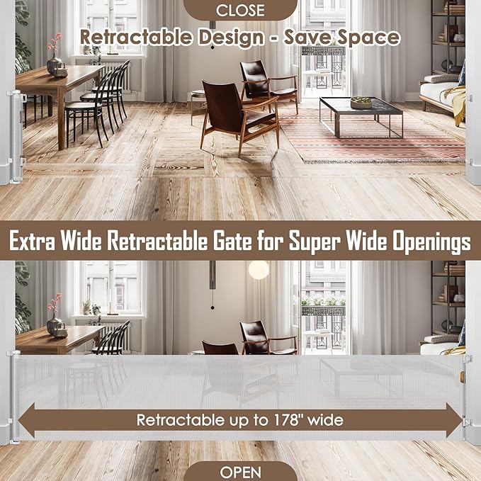 178 Inch Extra Long Baby Gate Retractable Dog Gate Outdoor Gates for Decks Indoor Retractable Baby Gates Wide Dog Gate for Super Wide Openings Retractable Gates for Dogs, Garage Gate, Light Gray