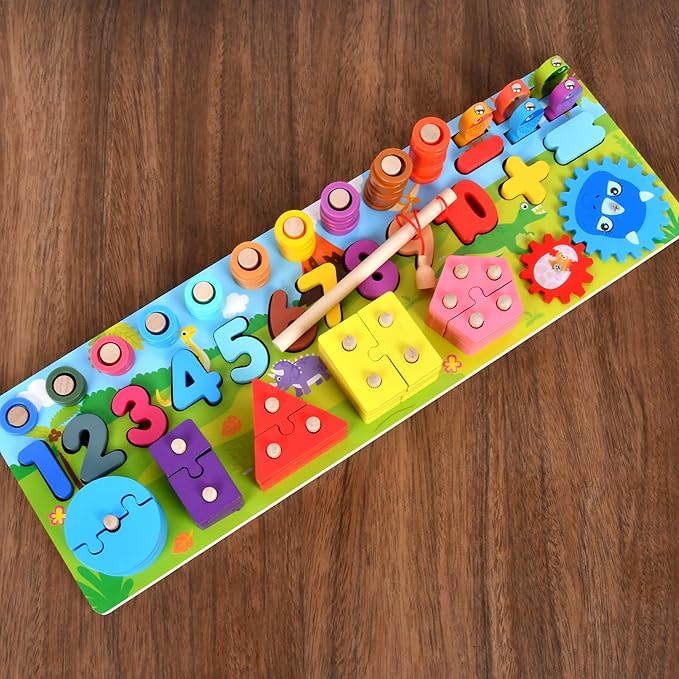 Wooden alphanumeric Shapes Jigsaw Ring Count Classification Toys Math Shapes Building Blocks Toddler Learning Playboard Math Fishing Educational Toys Montessori Educational Toys (color4)