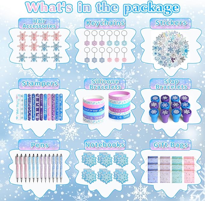 146PCS Frozen Party Favors, Snowflake Birthday Party Favors with Notebooks Pens Stampers Stickers, School Stationery Set Birthday Supplies, Goodie Bag Stuffers Classroom Gift Reward Prize for Kids