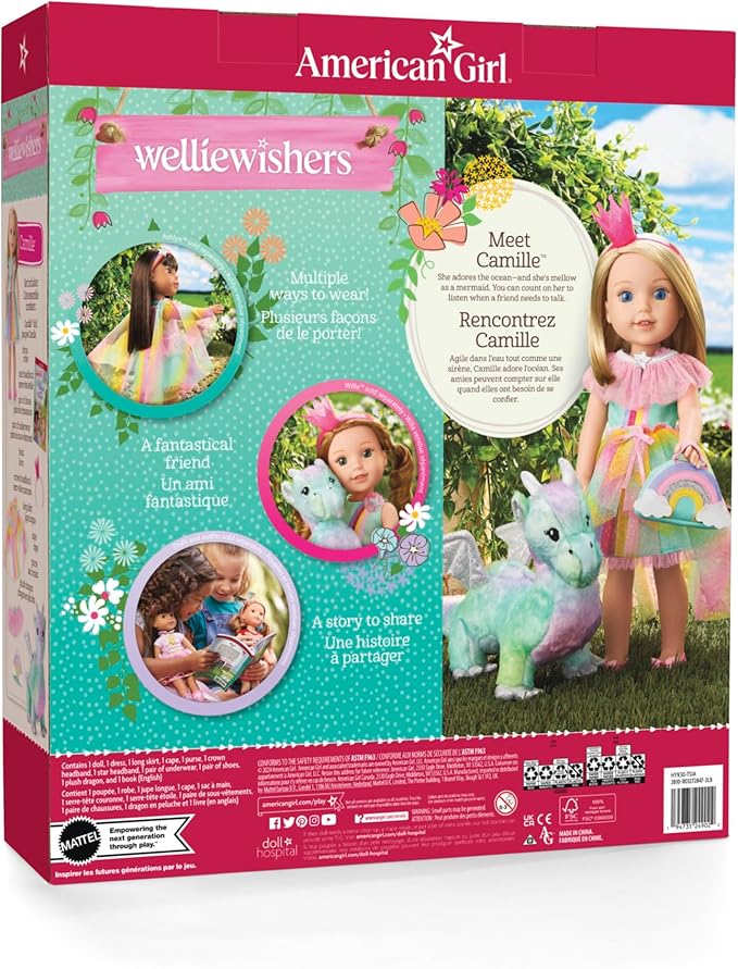 American Girl WellieWishers 14.5-inch Camille Doll Playset with Crisella The Dragon, Doll Dress and Accessories, and Storybook, for Ages 4+
