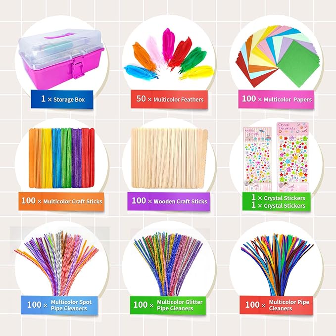 1405 Pcs Art and Craft Supplies for Kids, Toddler DIY Craft Art Supply Set Included Pipe Cleaners, Pom Poms, Feather, Folding Storage Box - All in One for Craft DIY Art Supplies, Rose Red