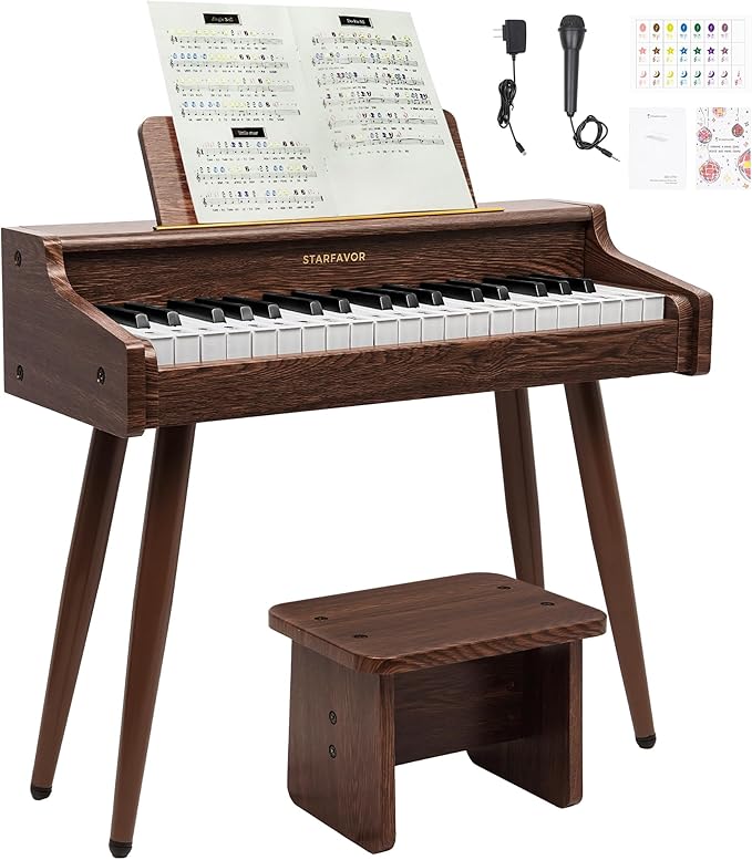 Starfavor Kids Keyboard, 37 Keys Digital Piano with Volume Control, Rechargeable Music Educational Instrument Toy, Wood Piano for 3+ Girls, Boys, Beginner, Toddler
