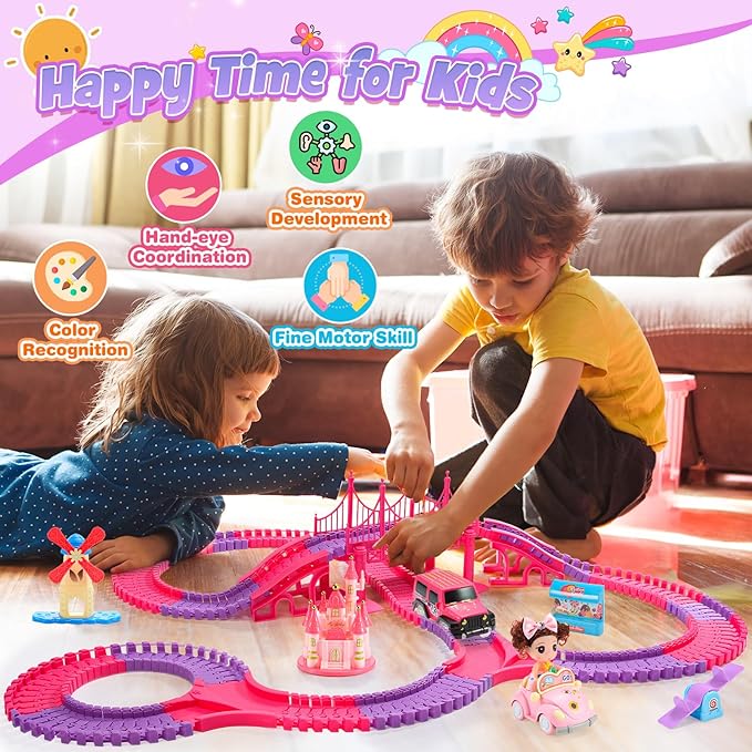 Princess Toys: 258pcs Toys for 3 4 5 6 Year Old Girls Kids Car Track Toy Set with Doll Caslte Barbi Car 4 Year Old Girl Birthday Gifts Pink Toys for Girls 3-5 Toddler Girl Toys Age 3-6