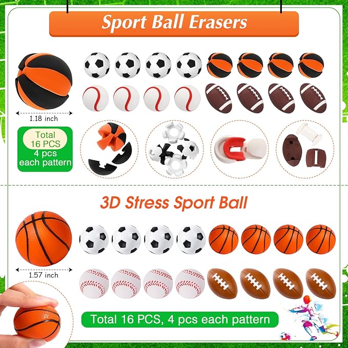 144 Pcs Sport Party Favors, Baseball Basketball Soccer Football Goodie Bag Fillers, Mini Stress Ball Stickers Whistle Keychain Charm Bracelet Wristbands Erasers for Sport Party Supplies(Sport)