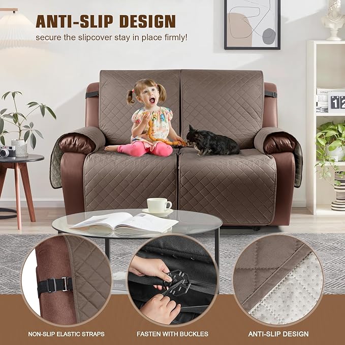 KinCam Loveseat Recliner Covers for 2 Seat, 100% Waterproof Reclining Loveseat Covers, Non-Slip Recliner Cover Furniture Protector with Elastic Straps for Pets, Kids, Brown