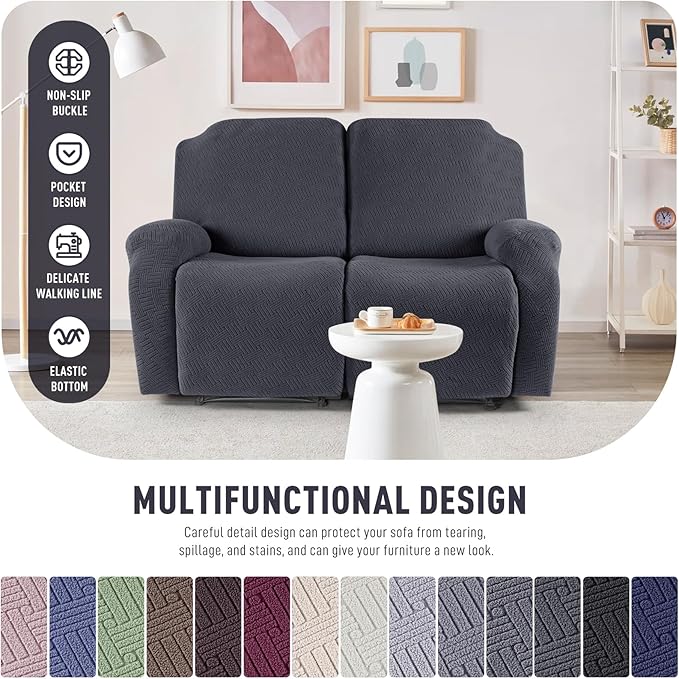 KinCam Recliner Covers, Stretch Reclining Chair Covers, Recliner Sofa Slipcovers Stripe Jacquard Recliner Couch Covers Furniture Protector Covers for Pet Kid (2 Seater, Charcoal Gray)