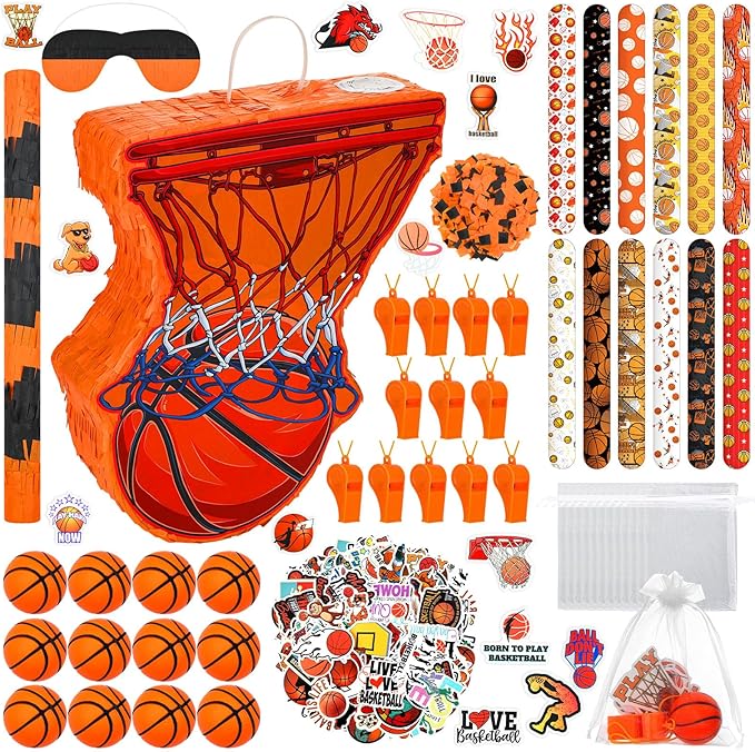 152 Pcs Ball Piñata Ball Party Supplies with Blindfold and Stick for Kids Birthday Party Decorations Foam Stress Balls Slap Bracelets Whistle Ball Favors for Boys Girls(Basketball)