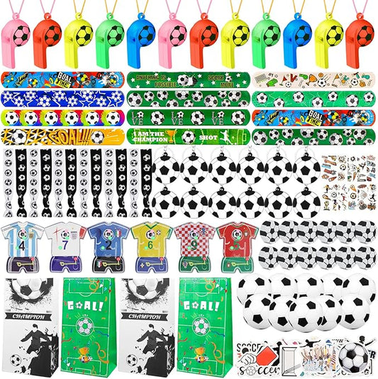 158Pcs Soccer Party Favors with Soccer Party Bags Soccer Whistle Mini Foam Soccer Ball Slap Bracelets Keychains Sticker Tattoo for Party Goodie Bag Fillers Soccer Party Decorations