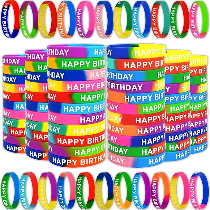 176 Pieces Birthday Rubber Bracelets(22 Styles),Colored Birthday Wristbands for Birthday Party Favors,Stretch Birthday Rubber Wristbands for Birthday Party Supplies