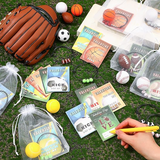 144 Pcs Valentine's Day Sports Gift Cards Valentines Party Favors Sports Greeting Cards with Stress Balls Bracelet Favors for Valentines Sports Team