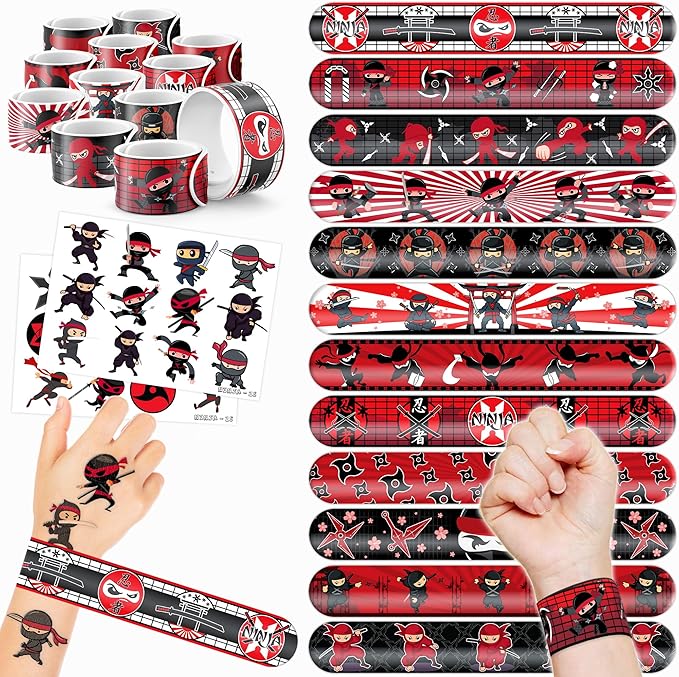 48PCS Ninja Party Favors - 24PCS Tattoos & 24PCS Slap Bracelets - Ninja Birthday Party Supplies, Samurai Baby Shower Decorations, Gifts, Classroom Prizes for Boys & Girls