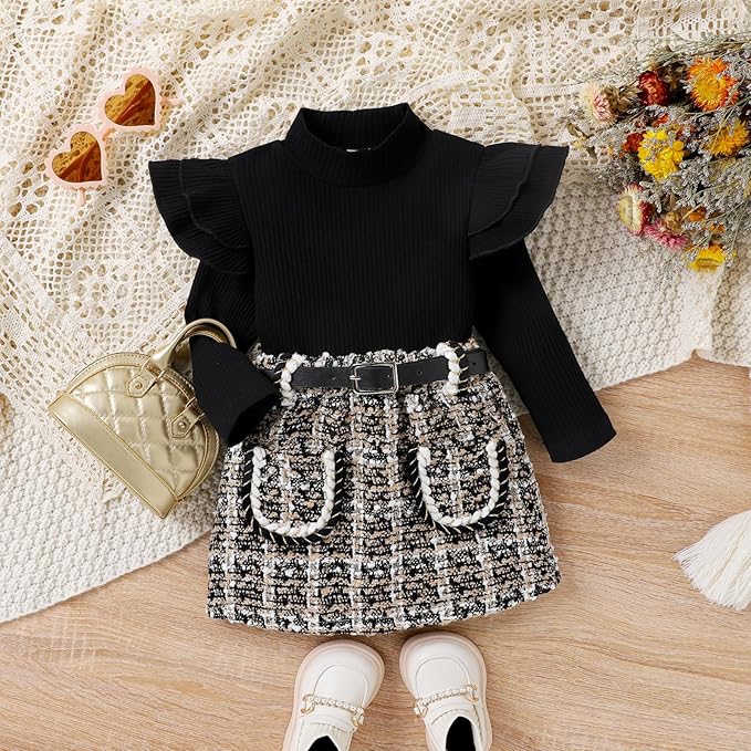 Fernvia Toddler Baby Girl Fall Winter Skirt Set Turtleneck Ribbed Long Sleeve T-Shirt Top & Plaid Skirts Dress 2Pcs Outfits