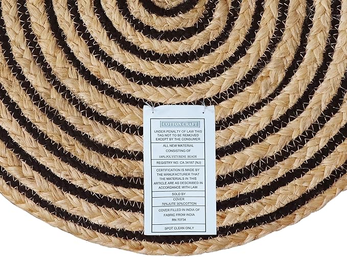 COTTON CRAFT Braided Pouf – Cylindrical Jute Cotton Ottoman - Boho Foot Stool - Bedroom Dorm Family Room Accent Seating – Rustic Decorative Round Pouf – 15 Dia x 16 Height - Natural Black Pinstripe