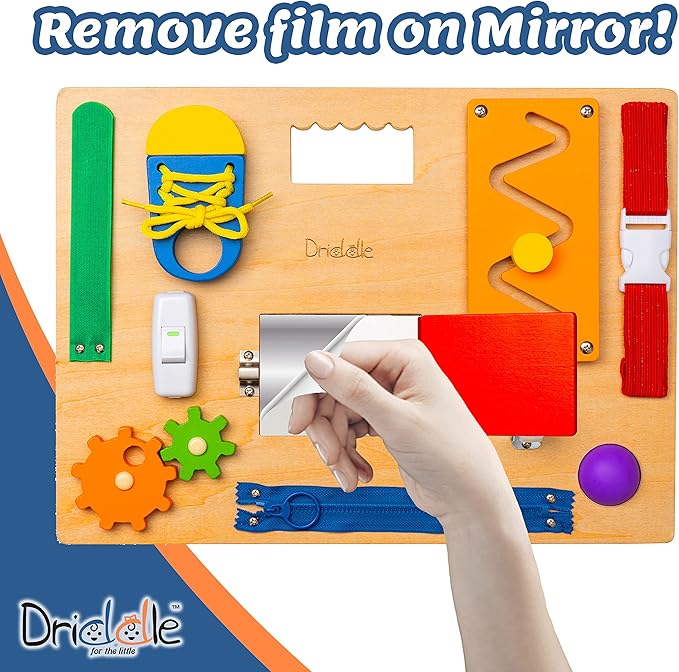 Busy Board - Wooden Montessori Activity Board for Toddlers & Kids - 12 Educational Sensory Toys to Learn Basic Life Skills & Develop Fine Motor Skills + Baby Mirror