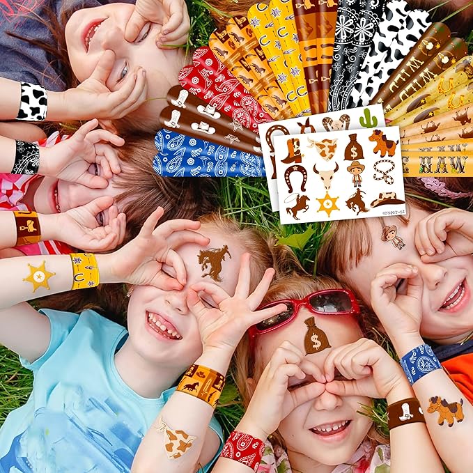48PCS Cowboy Party Favors - 24PCS Temporary Tattoos & 24PCS Slap Bracelets - Cool Western Rodeo Themed Birthday Supplies, Decorations, Gifts, Classroom Prizes for Kids, Boys & Girls
