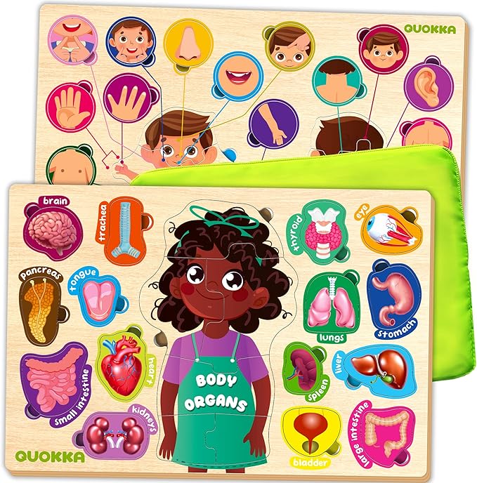 QUOKKA Wooden Puzzles for Kids Ages 18+ Months in a Bag – Montessori Toddlers Puzzles Ages 1-2 – Preschool Game to Learn Human Body Parts Anatomy Skeleton – Educational Toys for Boy & Girl