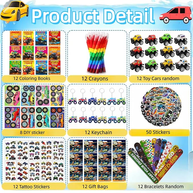 142Pcs Monster Trucks Party Favors for Toddlers Kids 4-8 Truck Car Toys Coloring Books with Crayons Bulk Birthday Supplies Tattoo Stickers Stamper Bracelets Keychain School Classroom Gift Goodie Bags